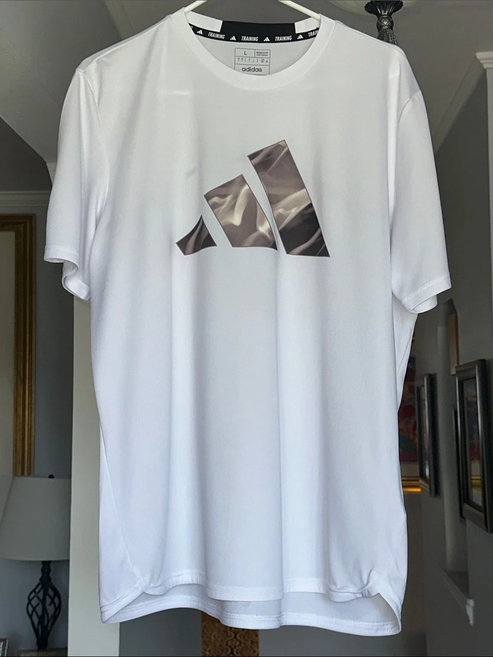 adidas White Short-Sleeve Tee with Grey Logo Sz L